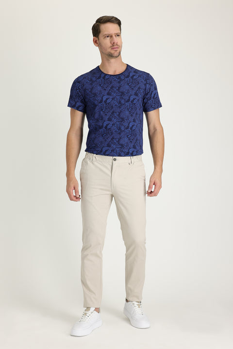 Krem Slim Fit Dar Kesim Desenli Likralı Kanvas / Chino Pantolon