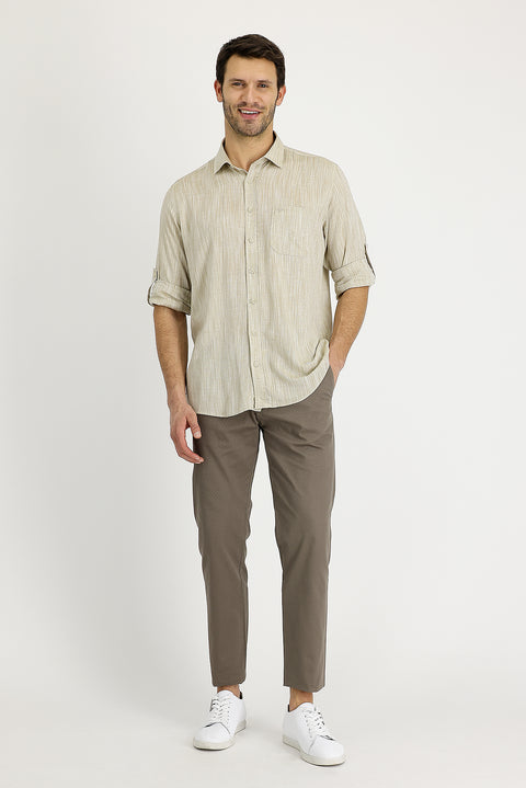 Mid Mink Regular Fit Standard Cut Patterned Lycra Canvas / Chino Trousers