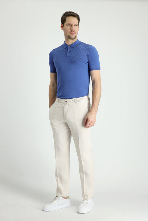 Orta Bej 7 Drop Slim Fit Dar Kesim Beli Lastikli İpli Klasik Keten Kumaş Pantolon