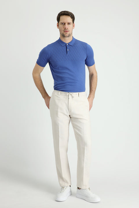 Orta Bej 7 Drop Slim Fit Dar Kesim Beli Lastikli İpli Klasik Keten Kumaş Pantolon