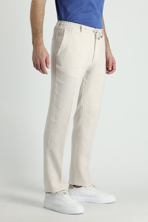 Orta Bej 7 Drop Slim Fit Dar Kesim Beli Lastikli İpli Klasik Keten Kumaş Pantolon
