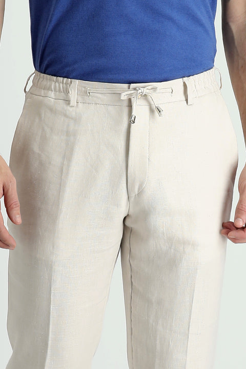Orta Bej 7 Drop Slim Fit Dar Kesim Beli Lastikli İpli Klasik Keten Kumaş Pantolon