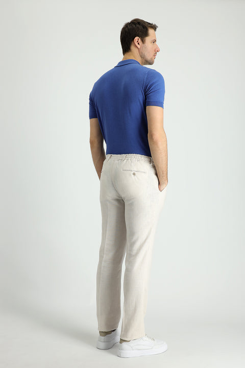 Orta Bej 7 Drop Slim Fit Dar Kesim Beli Lastikli İpli Klasik Keten Kumaş Pantolon