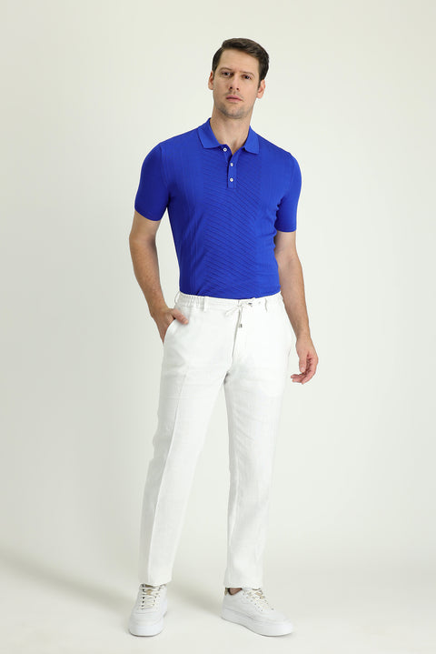 White 7 Drop Slim Fit Narrow Cut Linen Classic Fabric Trousers with Elastic Waist Drawstring
