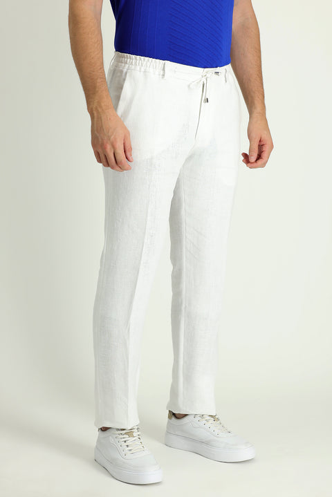 White 7 Drop Slim Fit Narrow Cut Linen Classic Fabric Trousers with Elastic Waist Drawstring