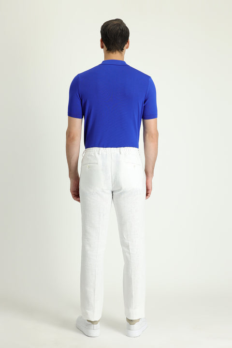 White 7 Drop Slim Fit Narrow Cut Linen Classic Fabric Trousers with Elastic Waist Drawstring