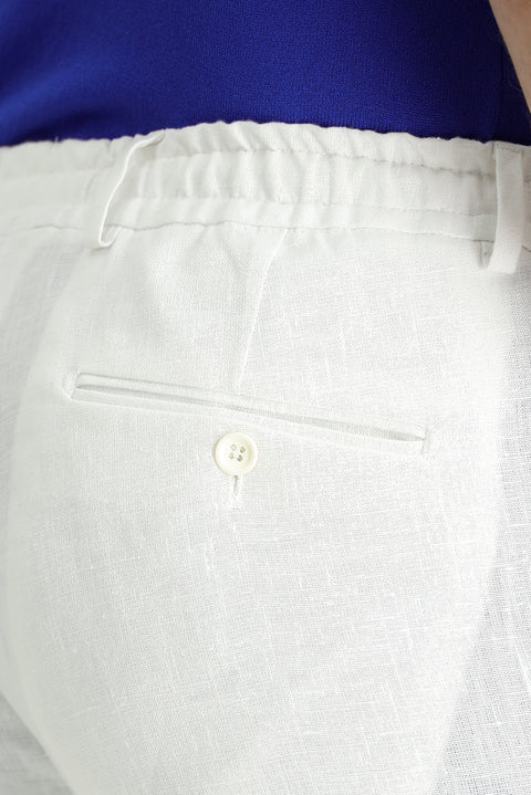 White 7 Drop Slim Fit Narrow Cut Linen Classic Fabric Trousers with Elastic Waist Drawstring