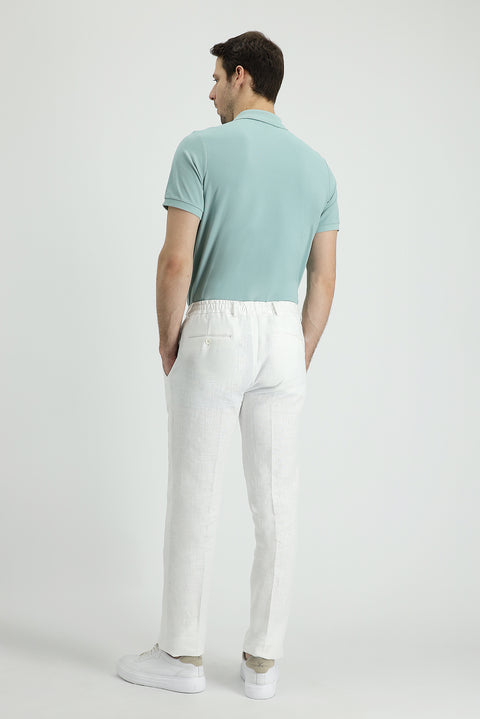 White 7 Drop Slim Fit Narrow Cut Linen Classic Fabric Trousers with Elastic Waist Drawstring