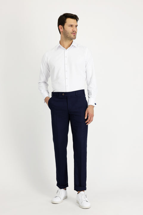 Koyu Lacivert 7 Drop Slim Fit Dar Kesim Klasik Keten Karışımlı Kumaş Pantolon