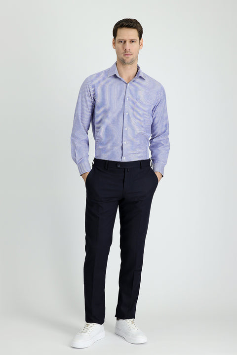 Dark Navy 4 Drop Relaxed Fit Classic Patterned Lycra Fabric Trousers