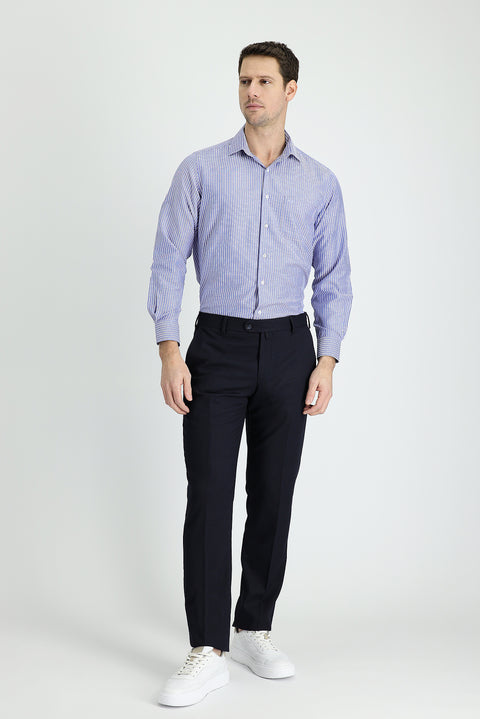 Dark Navy 4 Drop Relaxed Fit Classic Patterned Lycra Fabric Trousers