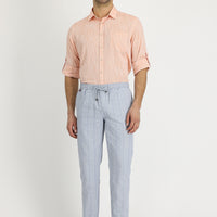 Medium Gray Slim Fit Tapered Drawstring Waist Striped Linen Pants