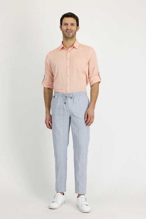 Medium Gray Slim Fit Tapered Drawstring Waist Striped Linen Pants