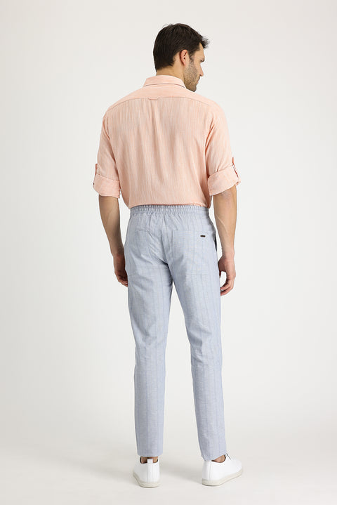 Medium Gray Slim Fit Tapered Drawstring Waist Striped Linen Pants