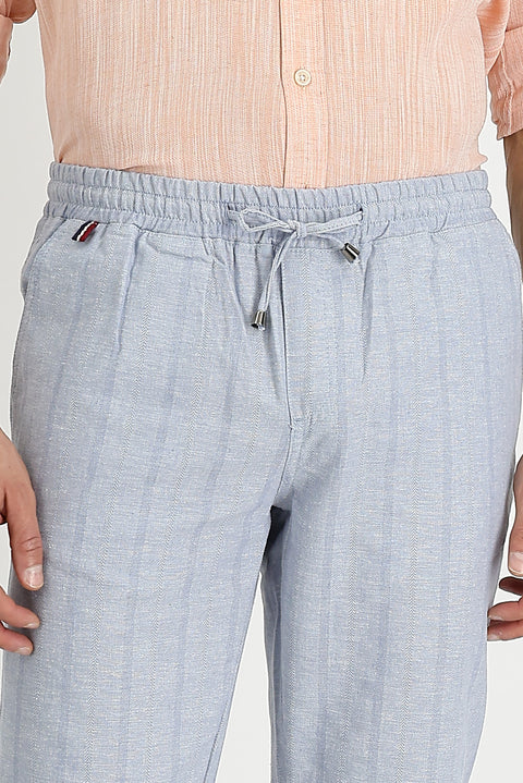 Medium Gray Slim Fit Tapered Drawstring Waist Striped Linen Pants