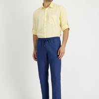 Dark Navy Blue Slim Fit Narrow Cut Elasticated Waist Drawstring Striped Linen Trousers