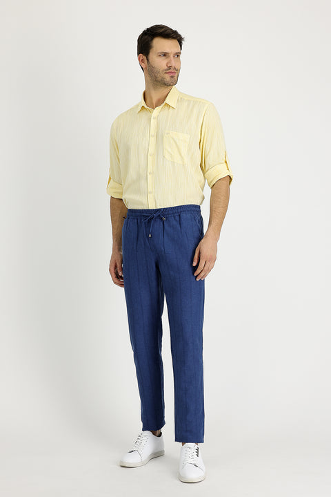 Dark Navy Blue Slim Fit Narrow Cut Elasticated Waist Drawstring Striped Linen Trousers