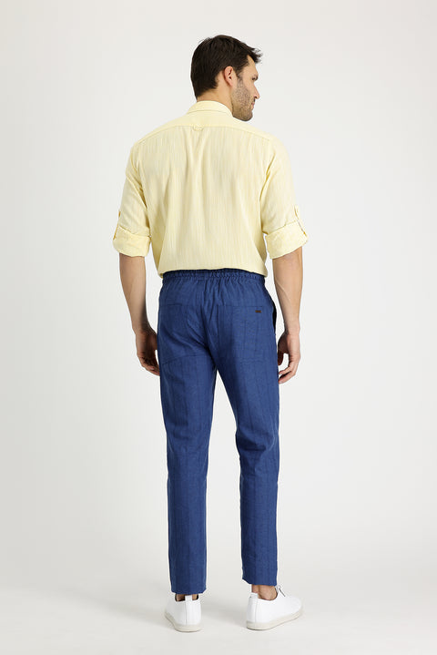Dark Navy Blue Slim Fit Narrow Cut Elasticated Waist Drawstring Striped Linen Trousers