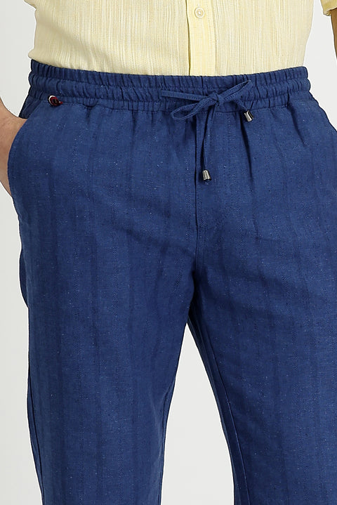 Dark Navy Blue Slim Fit Narrow Cut Elasticated Waist Drawstring Striped Linen Trousers