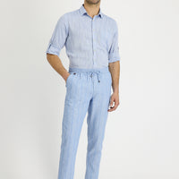 Blue Slim Fit Narrow Cut Elasticated Waist Drawstring Striped Linen Blend Trousers