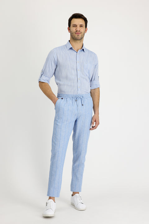 Blue Slim Fit Narrow Cut Elasticated Waist Drawstring Striped Linen Blend Trousers