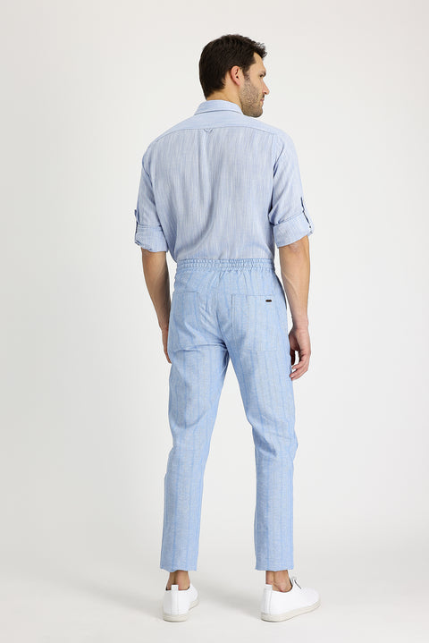Blue Slim Fit Narrow Cut Elasticated Waist Drawstring Striped Linen Blend Trousers
