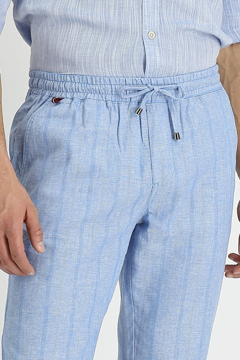 Blue Slim Fit Narrow Cut Elasticated Waist Drawstring Striped Linen Blend Trousers