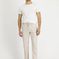 Orta Bej Slim Fit Dar Kesim Beli Lastikli İpli Çizgili Keten Pantolon
