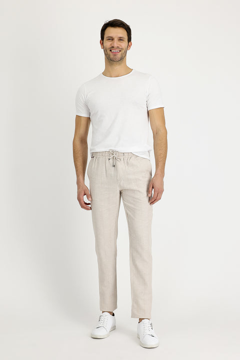 Orta Bej Slim Fit Dar Kesim Beli Lastikli İpli Çizgili Keten Pantolon