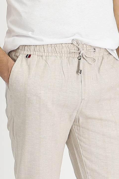 Orta Bej Slim Fit Dar Kesim Beli Lastikli İpli Çizgili Keten Pantolon