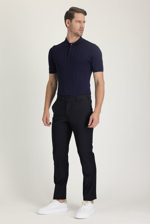 Black Navy 6 Drop Regular Fit Standard Cut Classic Fabric Wool Trousers