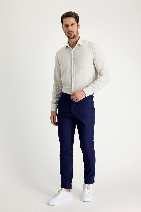 Light Navy Regular Fit Standard Cut Patterned Lycra Canvas / Chino Trousers