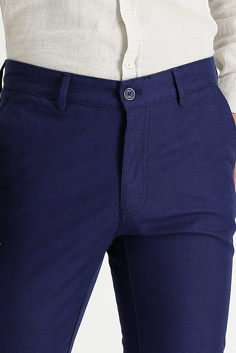 Light Navy Regular Fit Standard Cut Patterned Lycra Canvas / Chino Trousers