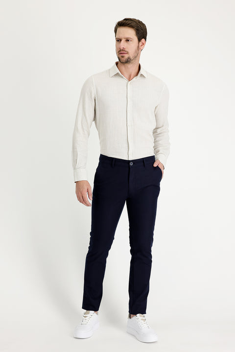 Dark Navy Regular Fit Standard Cut Patterned Lycra Canvas / Chino Trousers