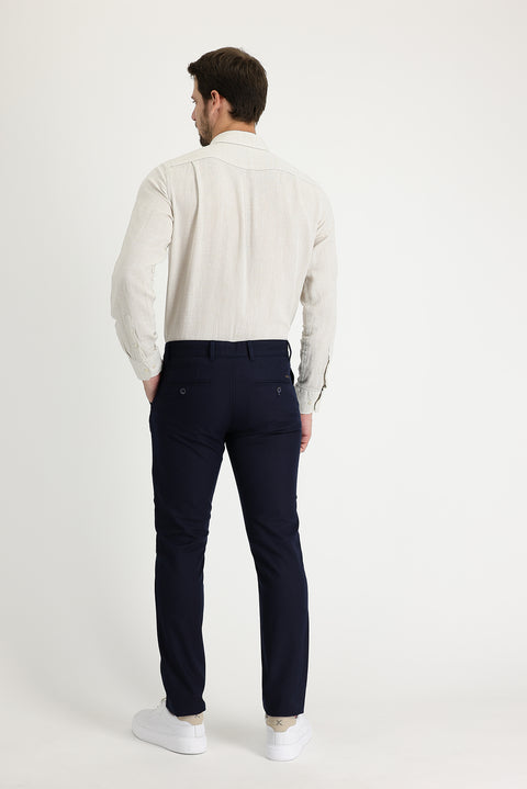 Dark Navy Regular Fit Standard Cut Patterned Lycra Canvas / Chino Trousers