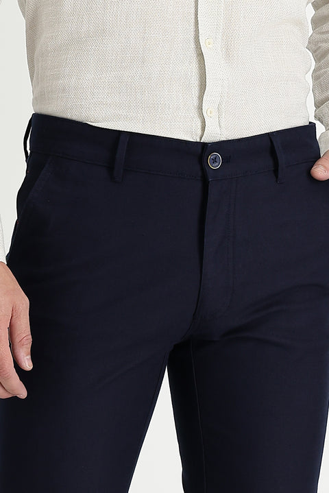 Dark Navy Regular Fit Standard Cut Patterned Lycra Canvas / Chino Trousers