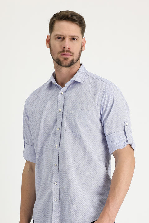 Dark Blue Long Sleeve Relaxed Fit Patterned Shirt