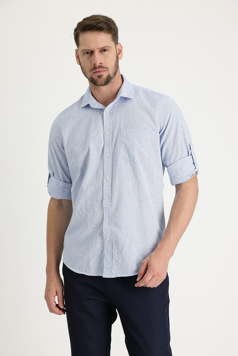 Blue Long Sleeve Relaxed Fit Patterned Shirt