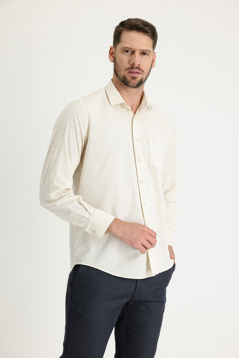 Light Beige Long Sleeve Relaxed Fit Patterned Shirt