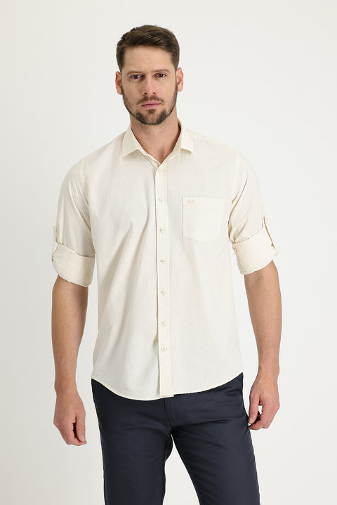 Light Beige Long Sleeve Relaxed Fit Patterned Shirt