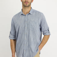 Medium Navy Long Sleeve Regular Fit Patterned Linen Shirt