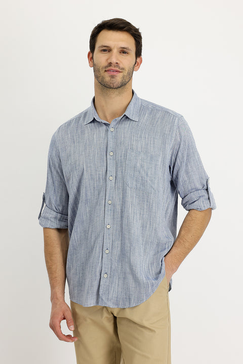 Medium Navy Long Sleeve Regular Fit Patterned Linen Shirt