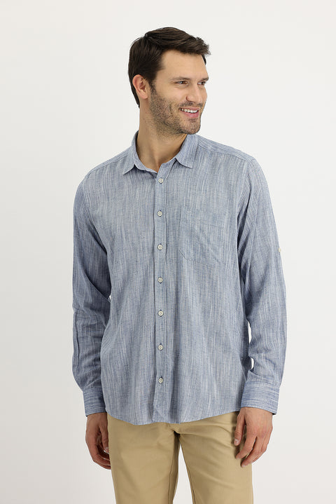 Medium Navy Long Sleeve Regular Fit Patterned Linen Shirt
