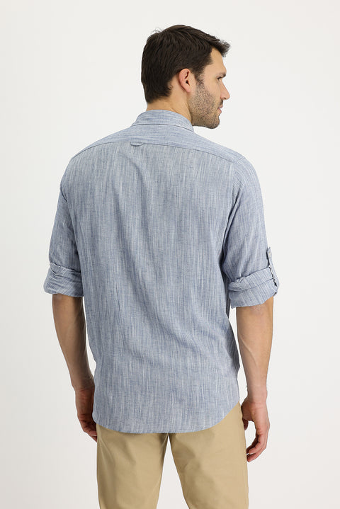 Medium Navy Long Sleeve Regular Fit Patterned Linen Shirt