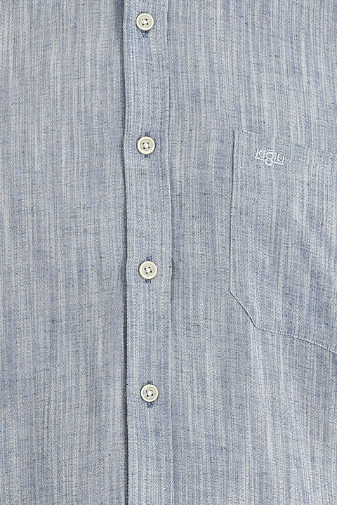 Medium Navy Long Sleeve Regular Fit Patterned Linen Shirt