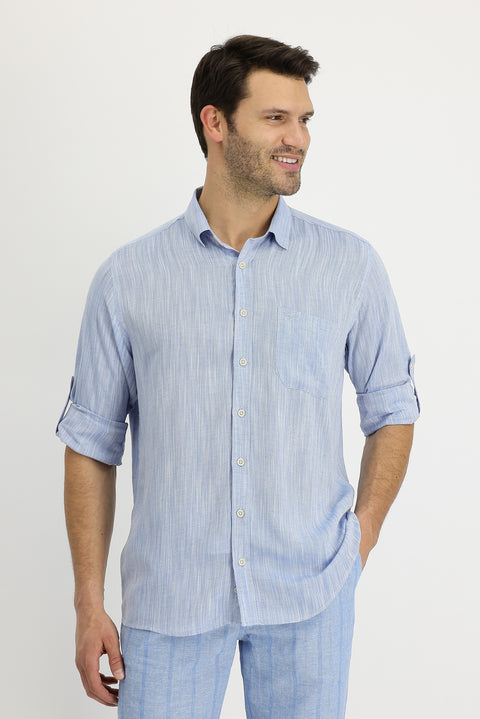 Light Blue Long Sleeve Regular Fit Patterned Linen Shirt