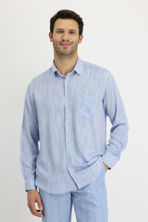 Light Blue Long Sleeve Regular Fit Patterned Linen Shirt
