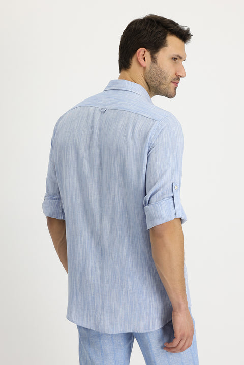 Light Blue Long Sleeve Regular Fit Patterned Linen Shirt
