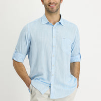 Aqua Blue Long Sleeve Regular Fit Patterned Linen Shirt