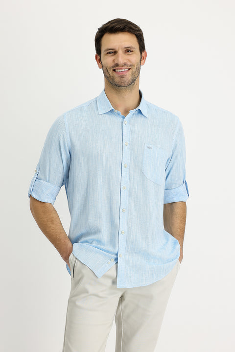 Aqua Blue Long Sleeve Regular Fit Patterned Linen Shirt